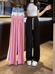 Real shot New versatile elastic waist ice silk wide-leg pants summer loose draped straight-leg casual pants large size S-4XL