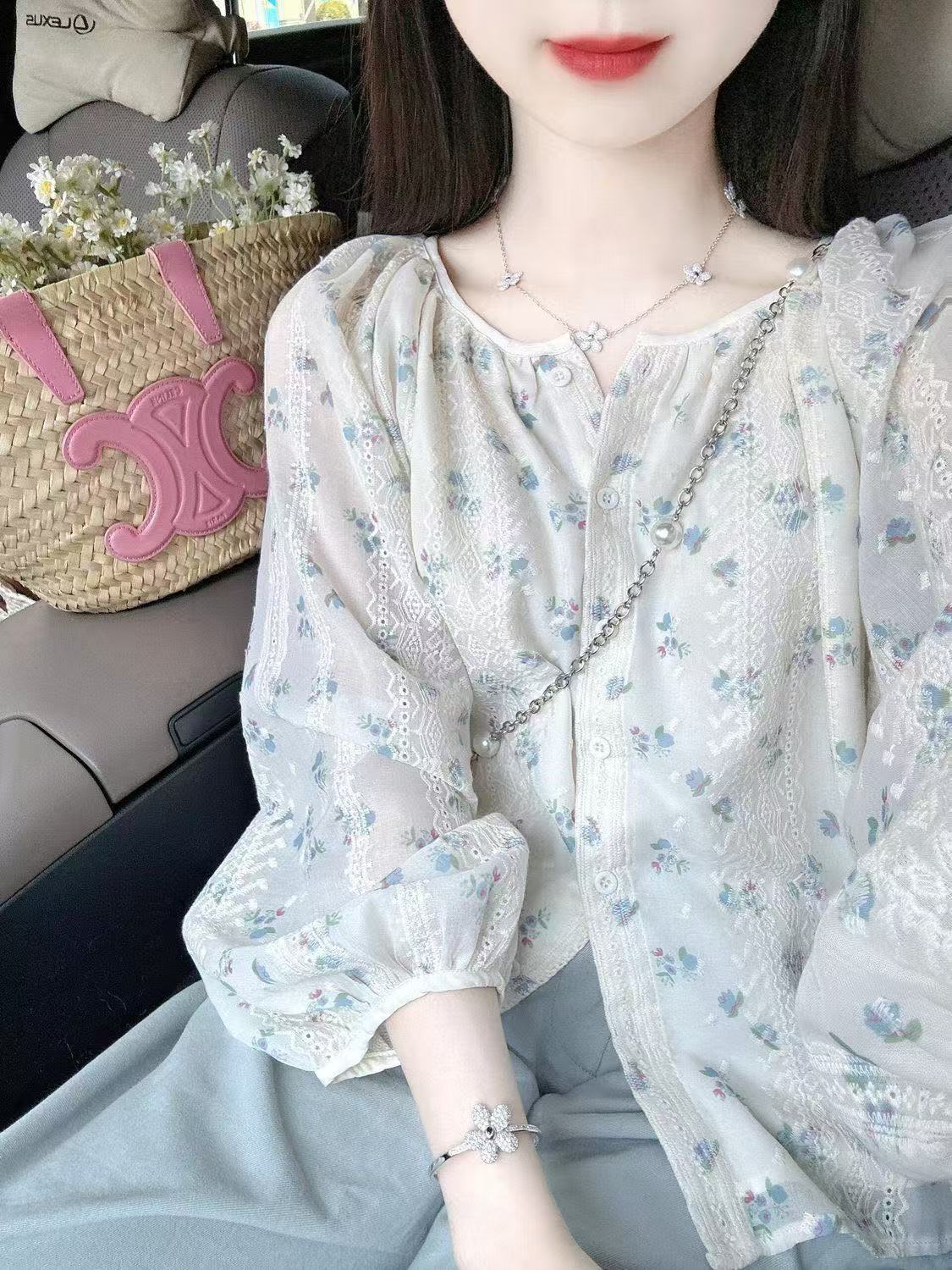 French sweet puff sleeve floral chiffon shirt for women in summer new gentle style lace embroidered sunscreen shirt
