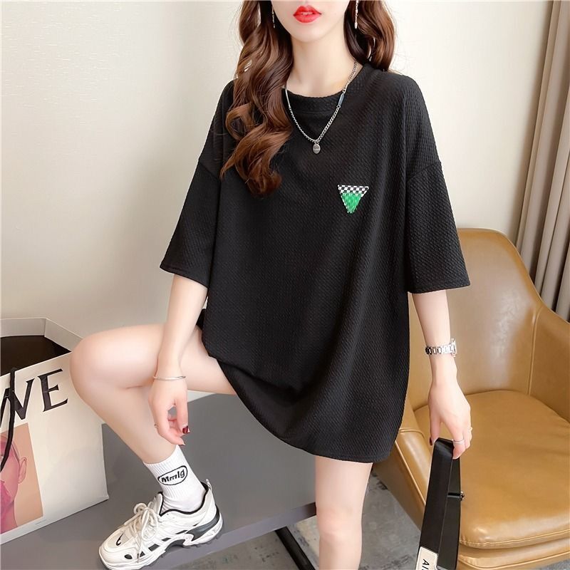 5557# Summer new large-size women's loose round neck short-sleeved T-shirt compressed air bubble medium-length top trendy