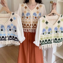 Hook flower hollow spliced ​​flower short-sleeved shirt for women's summer temperament V-neck puff sleeve short chiffon top