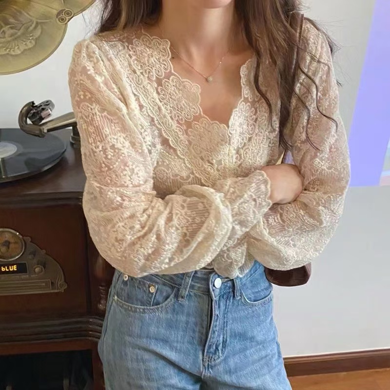 Design-sensual niche shirt for women's thin autumn Korean version puff sleeve drawstring 7-quarter sleeve striped shirt