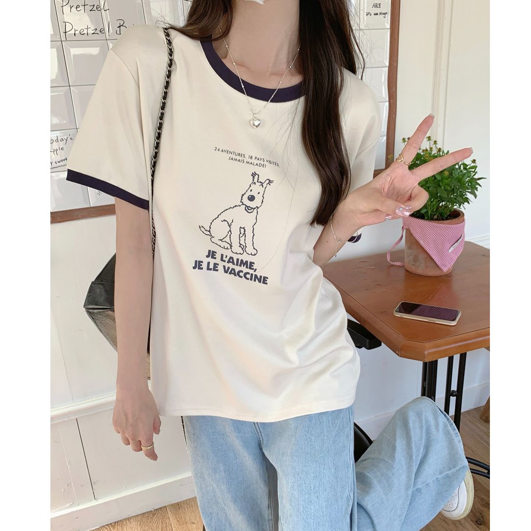 實拍空氣層圓領撞色短袖T恤女夏裝韓版寬鬆打底衫半袖上衣體恤