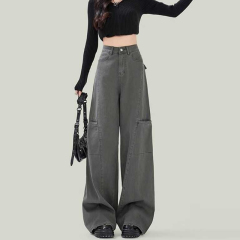 American work jeans for women in spring and autumn new loose high waist wide-leg slim and high-rise casual floor-moving jeans