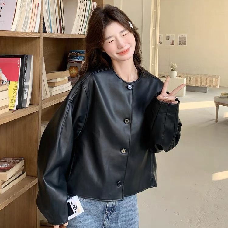 Women's Loose Casual Biker Jacket, Spring 2025 Design-Focused Hem Drawstring Baseball Jacket with Leather Outerwear