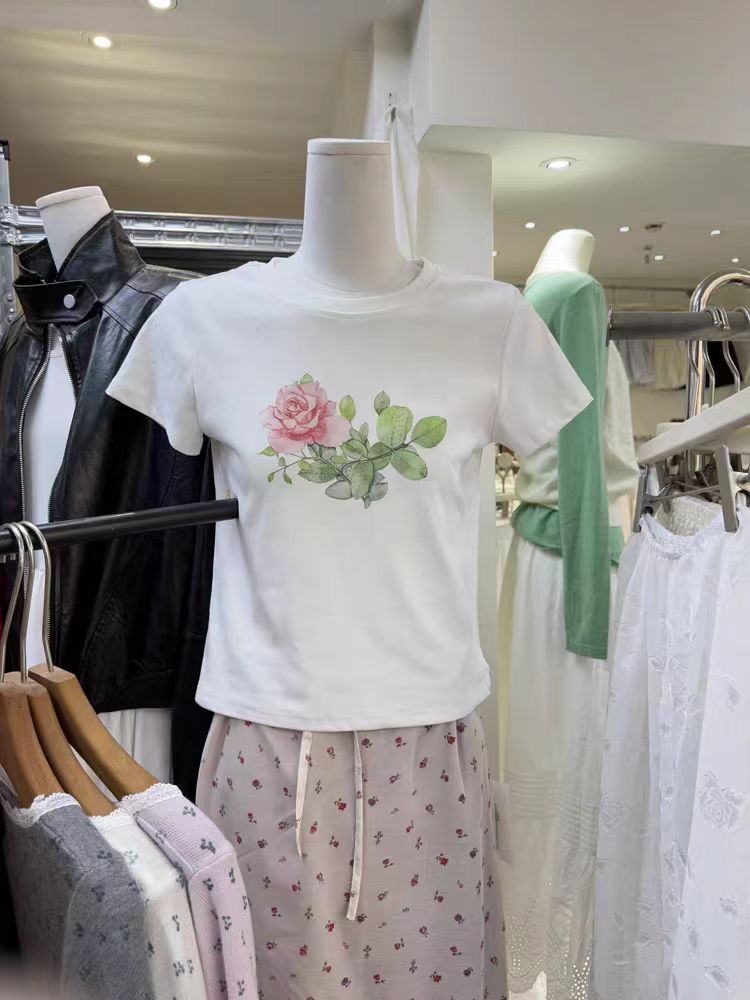 Printed front shoulder short-sleeved T-shirt for women in summer new niche American pure cotton slim T-shirt top