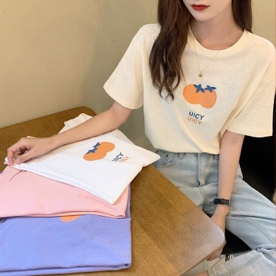 韓國外貿少女感夏季新款韓版寬鬆網紅橘子印花短袖t恤上衣學生