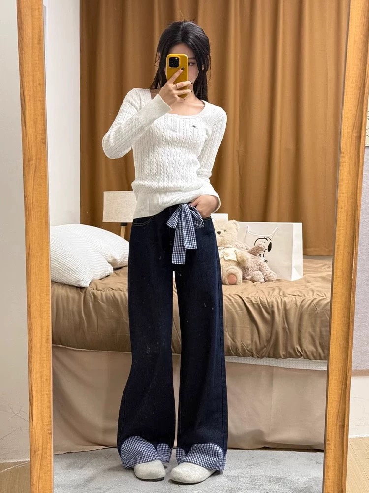 Bow strap design sense spliced ​​loose wide-leg jeans for women 2025 spring straight-dial floor mopping pants