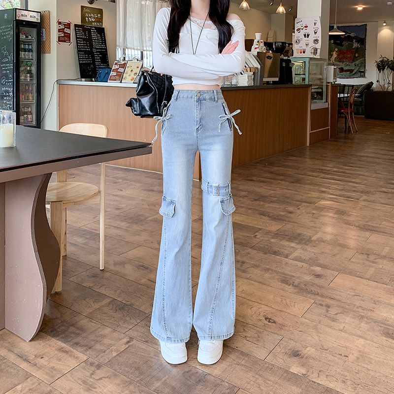 Real shot~Design-sensual ties with jeans for women in 2025 spring new high-waist slim fit horseshoe pants