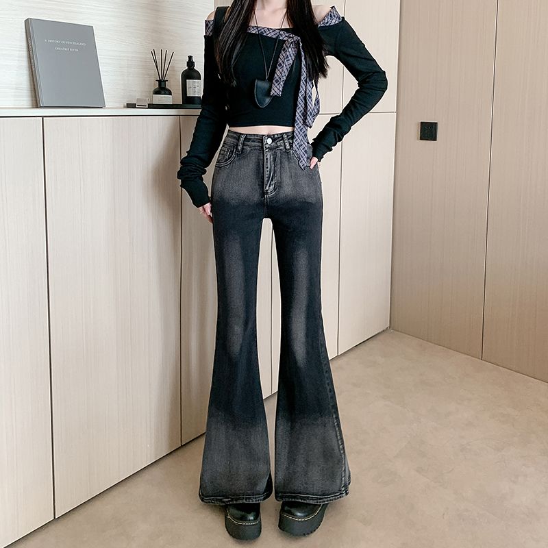 Real shot~Retro gradient color slightly flare jeans for women's design and hot girl high waist stretch slim horseshoe pants