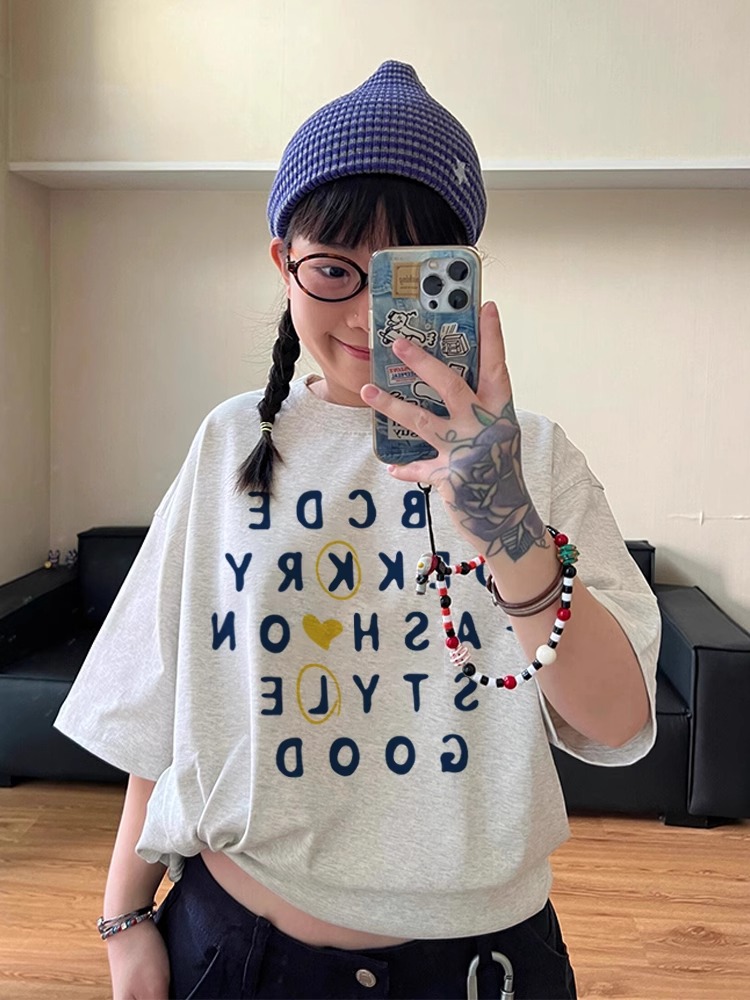 200g combed and tight spun in 2025, pure cotton back bag strip, spring and summer loose shoulder printed short-sleeved T-shirt