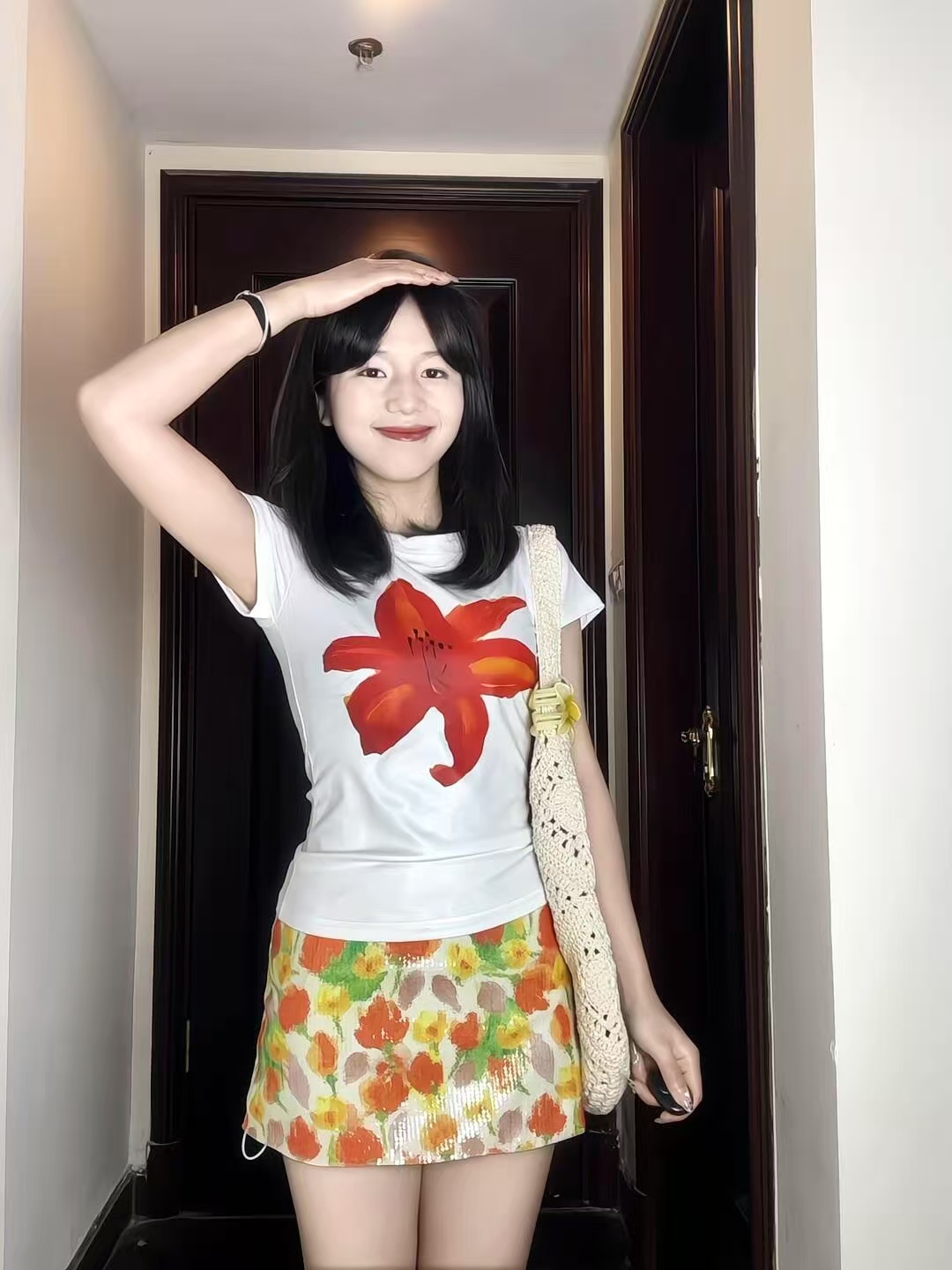 Printed front shoulder short-sleeved T-shirt for women in summer new niche American pure cotton slim T-shirt top