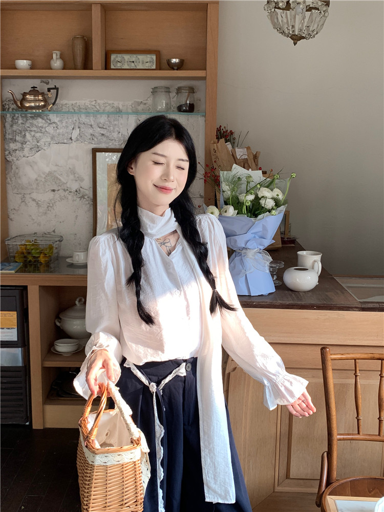 Real shot of the new spring design-like lace-up flared sleeve shirt + high-waisted casual wide-leg pants two-piece set