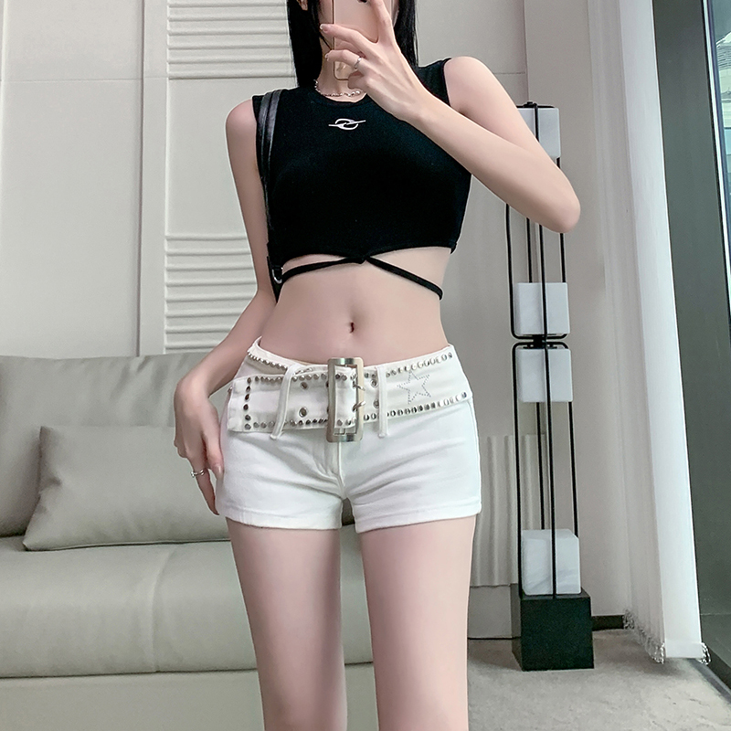 Real shot~Design-sensual rivet belt low-waist denim shorts for women's new American y2k hip wide-leg hot pants