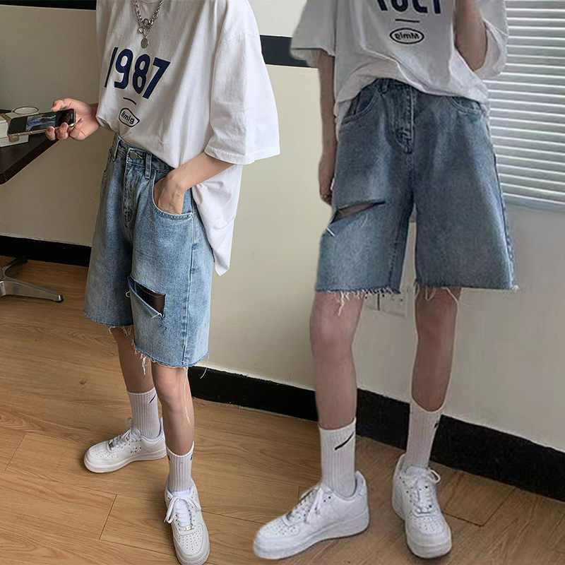 Ripped denim shorts for women in summer, high waist loose large size small wide-leg pants trendy student versatile medium pants