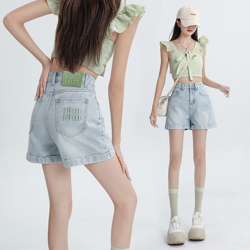 Retro curled denim shorts for women 2025 spring and summer Korean version ins high waist slim A-line small person wearing hot pants