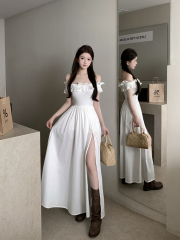 實拍復古性感荷葉邊一字肩連衣裙女收腰顯瘦防走光開叉長裙