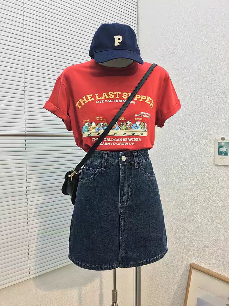 200g combed and tight spun in 2025, pure cotton back bag strip, spring and summer loose shoulder printed short-sleeved T-shirt