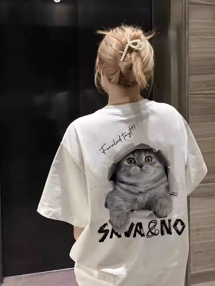 200g combed and tight spun in 2025, pure cotton back bag strip, spring and summer loose shoulder printed short-sleeved T-shirt