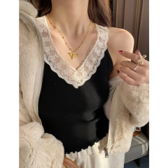 2025 spring and summer French sweet style V-neck spliced ​​lace slim fit inner sleeveless knitted vest top