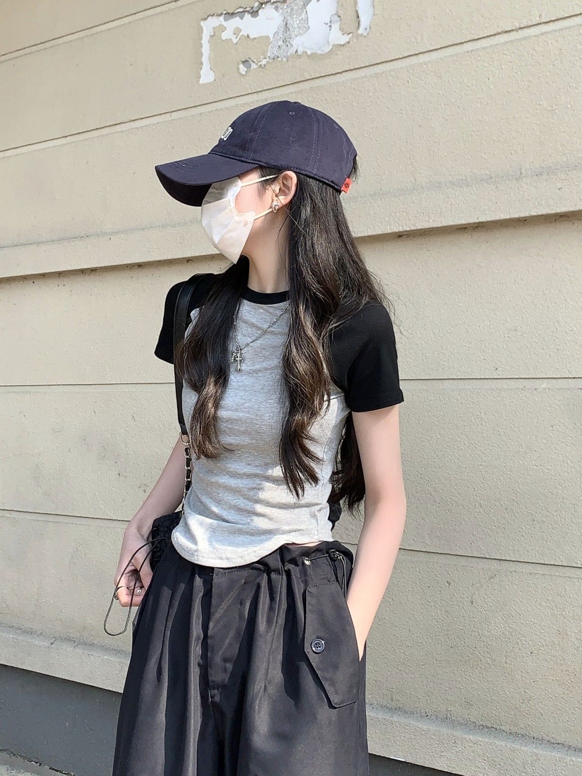 韓國外貿韓版新款原版不規則插肩袖t恤女夏季短款修身短袖