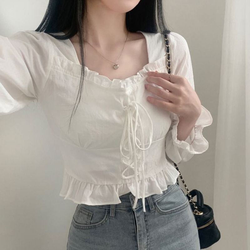 Korean chic French style small temperament neck tie flare sleeve long sleeve shirt square collar short top slim women