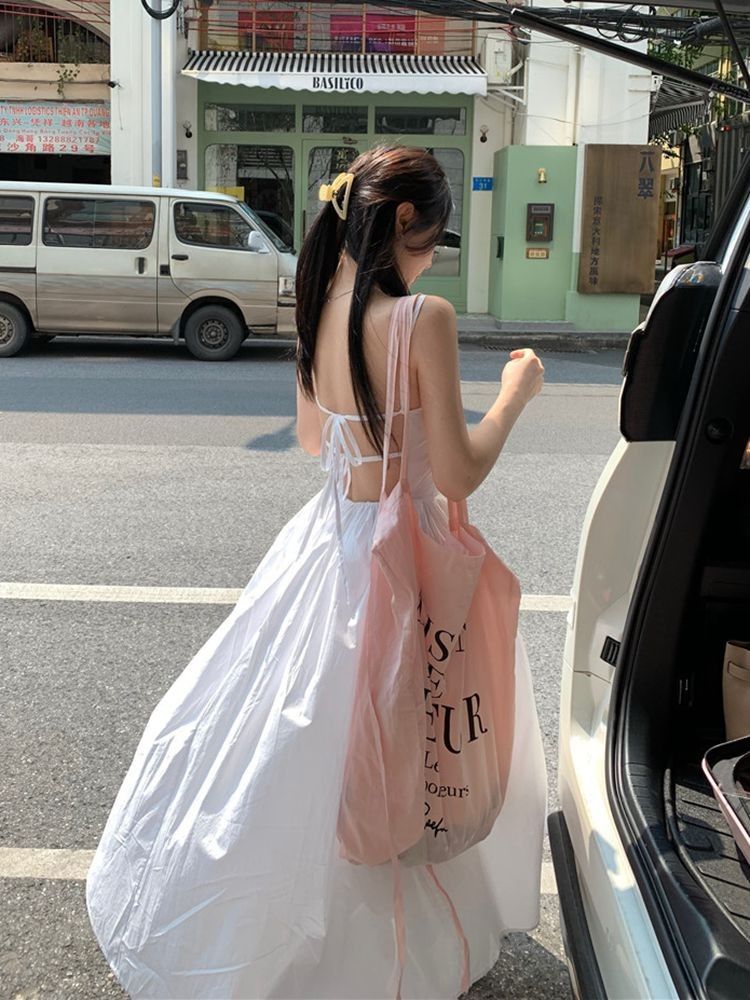 Seaside vacation style dress fairy summer sexy backless lace-up suspender skirt French temperament beach skirt