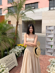Photographed New Pure Desire Style Apricot Shoulder Strap Dress Summer Fitted Waist Show Height Slim Long Dress