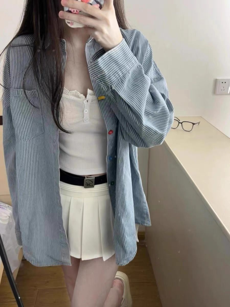Retro contrast striped shirt for women in autumn design polo collar long sleeve top with thin cardigan shirt jacket