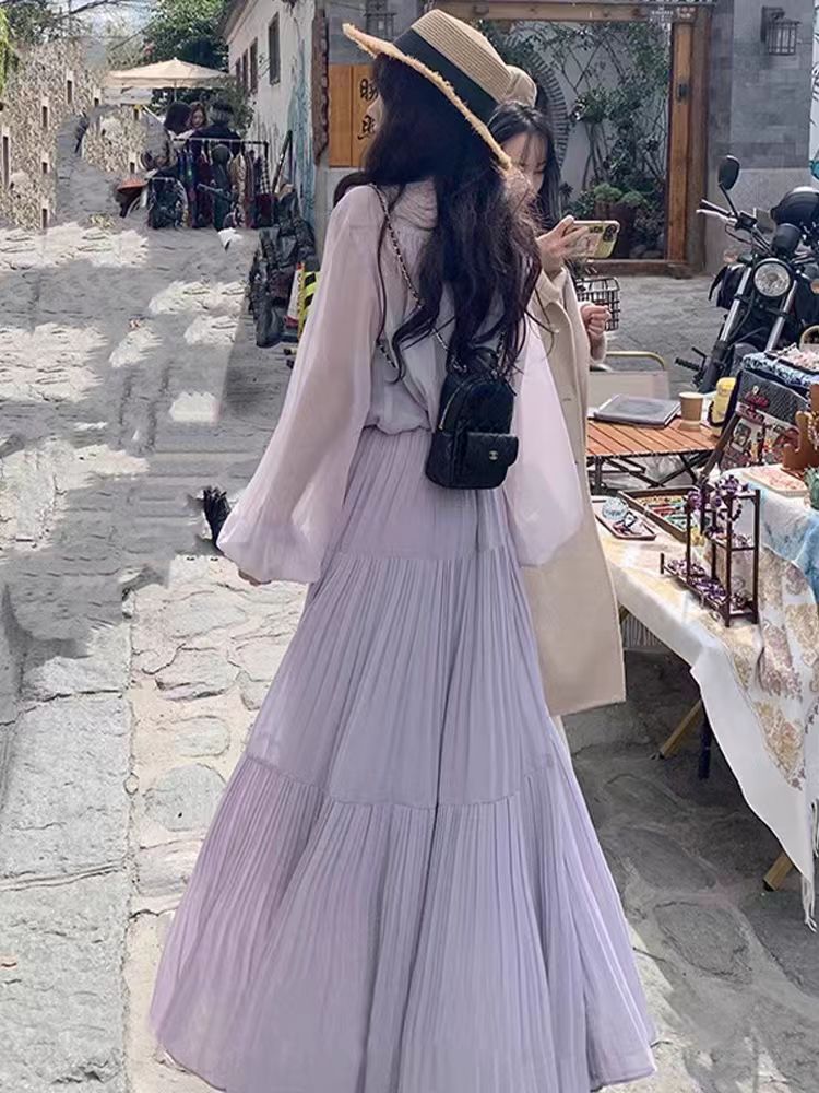 Spring and summer skirt purple high waist A-line cake skirt gentle style design sense large mid-length skirt