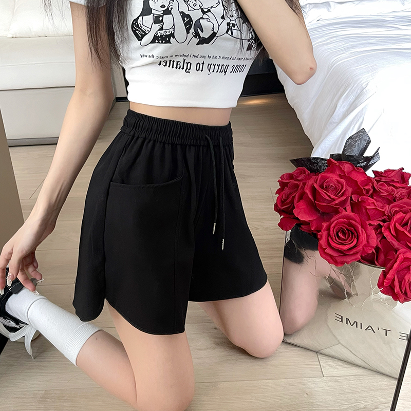 Real shot, high-quality twill, tied high-waisted double-pocket casual pants for women, spring and summer versatile wide-leg shorts