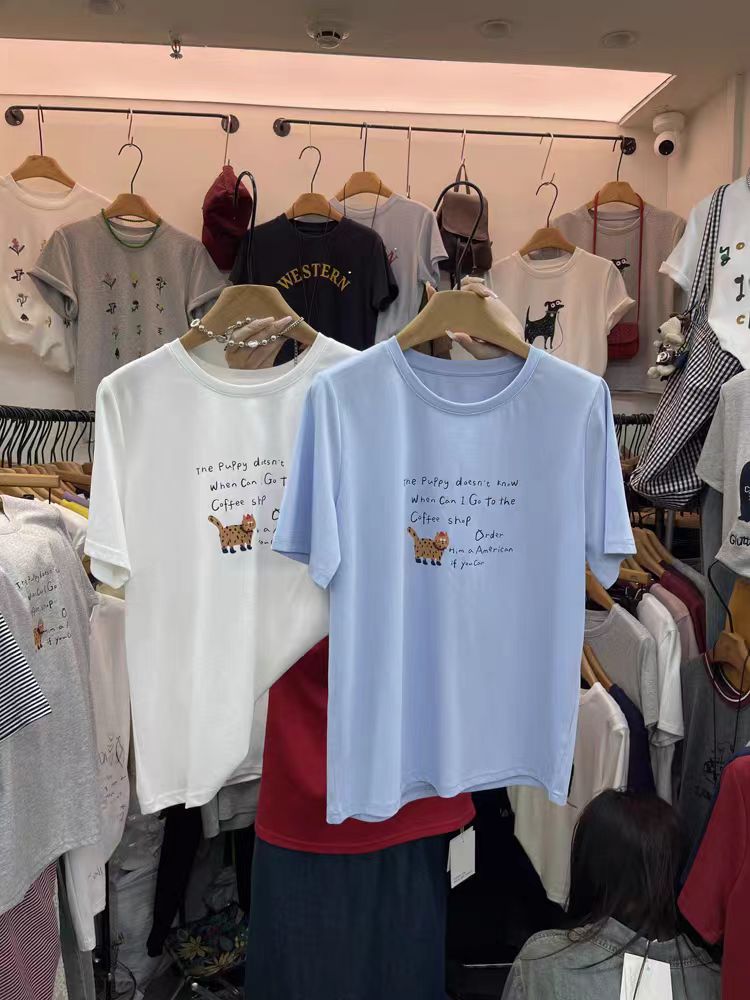 200g combed and tight spun in 2025, pure cotton back bag strip, spring and summer loose shoulder printed short-sleeved T-shirt