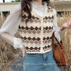 Small fragrance style hook flower hollow loose contrasting vest retro ethnic style knitted vest for women in summer new style layering trend