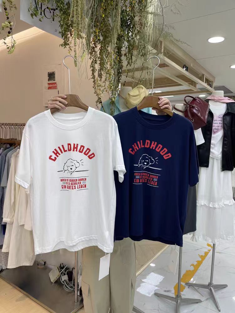 200g combed and tight spun in 2025, pure cotton back bag strip, spring and summer loose shoulder printed short-sleeved T-shirt