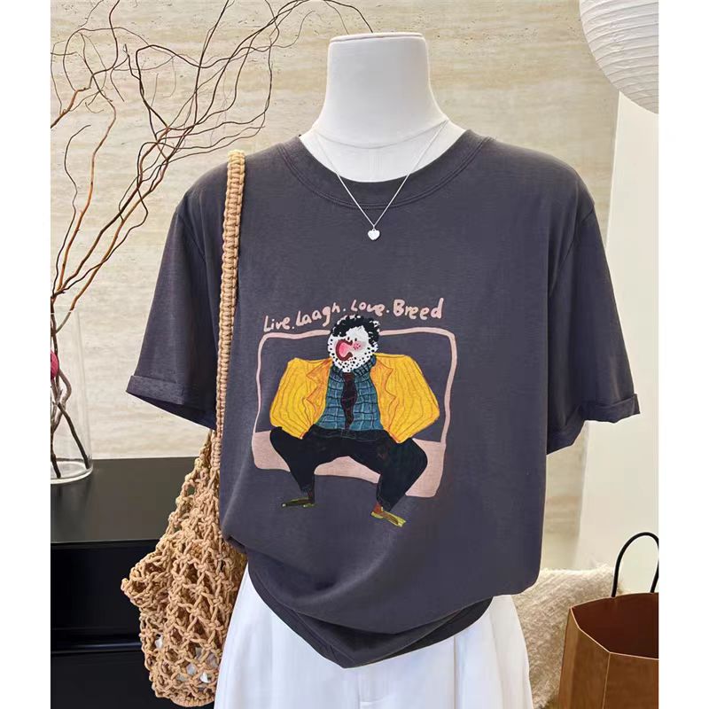200g combed and tight-fitting sprinkler, pure cotton backpack, spring and summer loose shoulder printed short-sleeved T-shirt