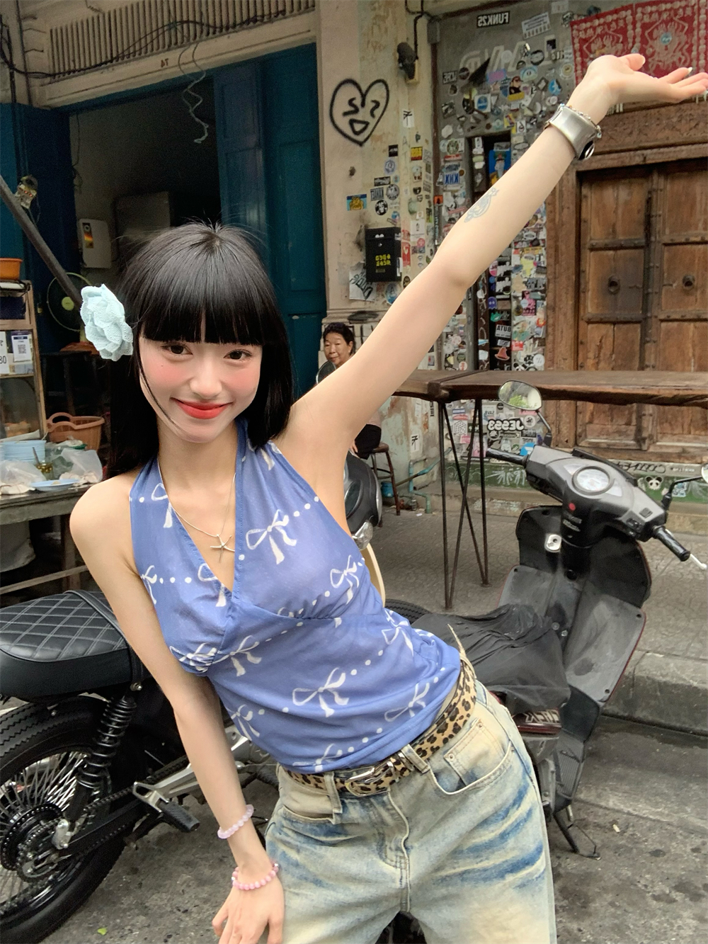 實拍  藍色蝴蝶結印花吊帶背心女新款春夏設計感小眾上衣