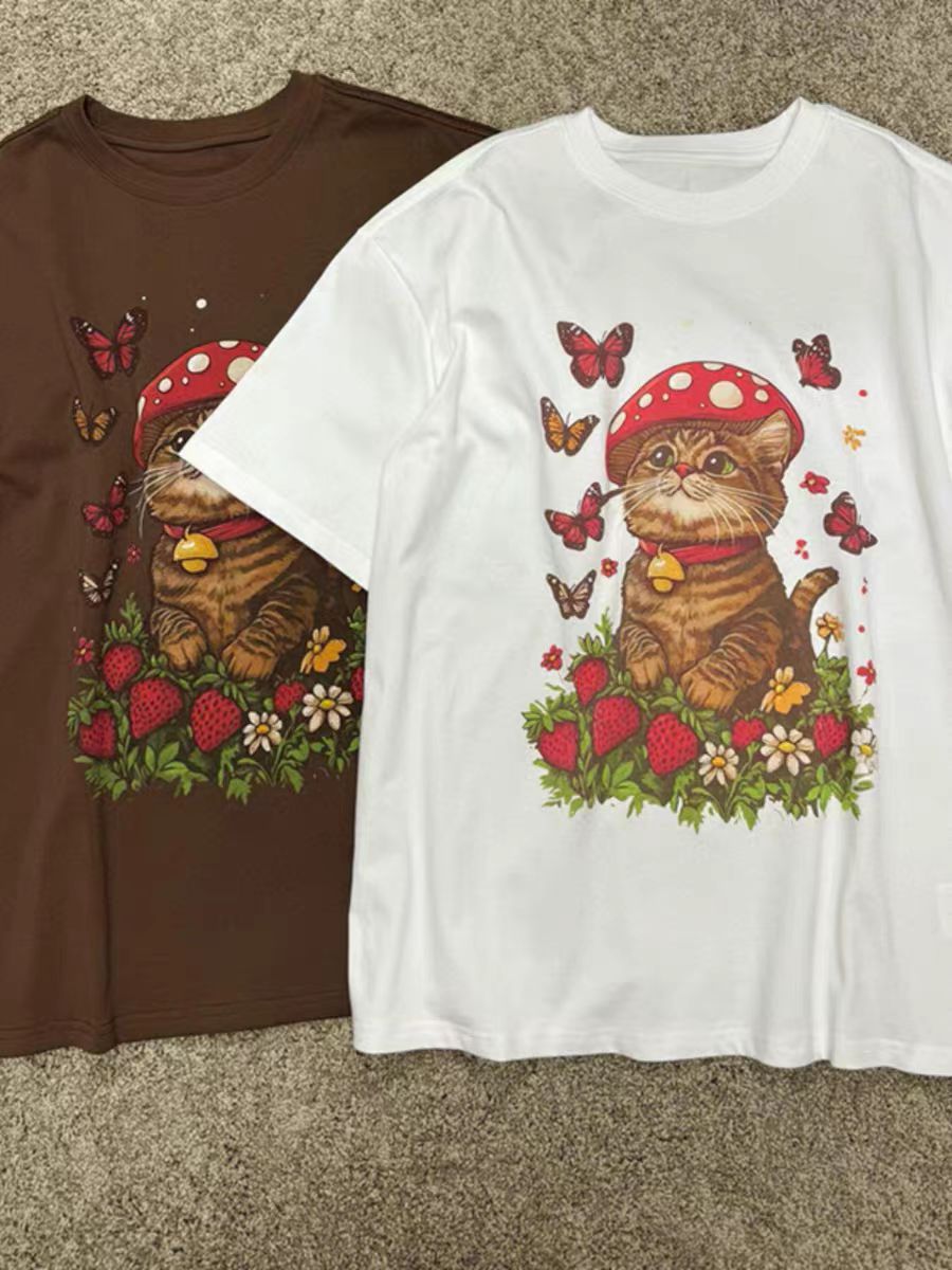 200g combed and tight-fitting sprinkler, pure cotton backpack, spring and summer loose shoulder printed short-sleeved T-shirt
