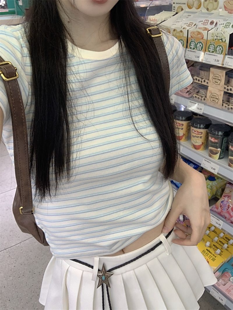 韓國外貿韓版新款原版復古短袖條紋T恤女夏季辣妹修身短款上衣