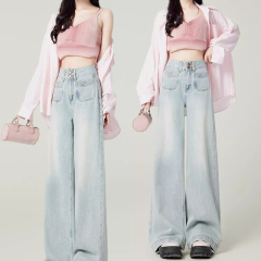 Light blue high waist big feet wide legs small jeans women's straight loose spring and autumn slim swing pants