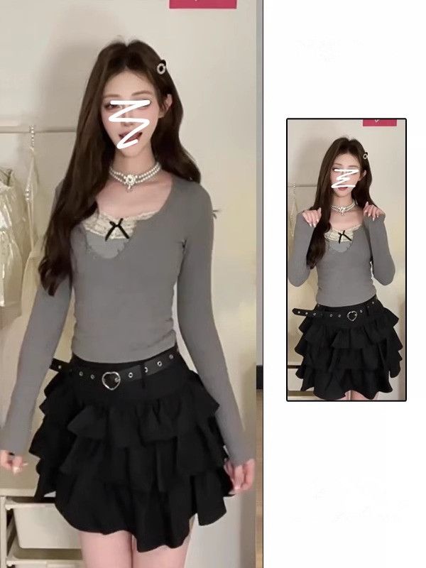 Lady's Black Cake Dress Spring New Sweet Petite Puff Short Skirt High-Waisted Slimming Semi-Body Skirt