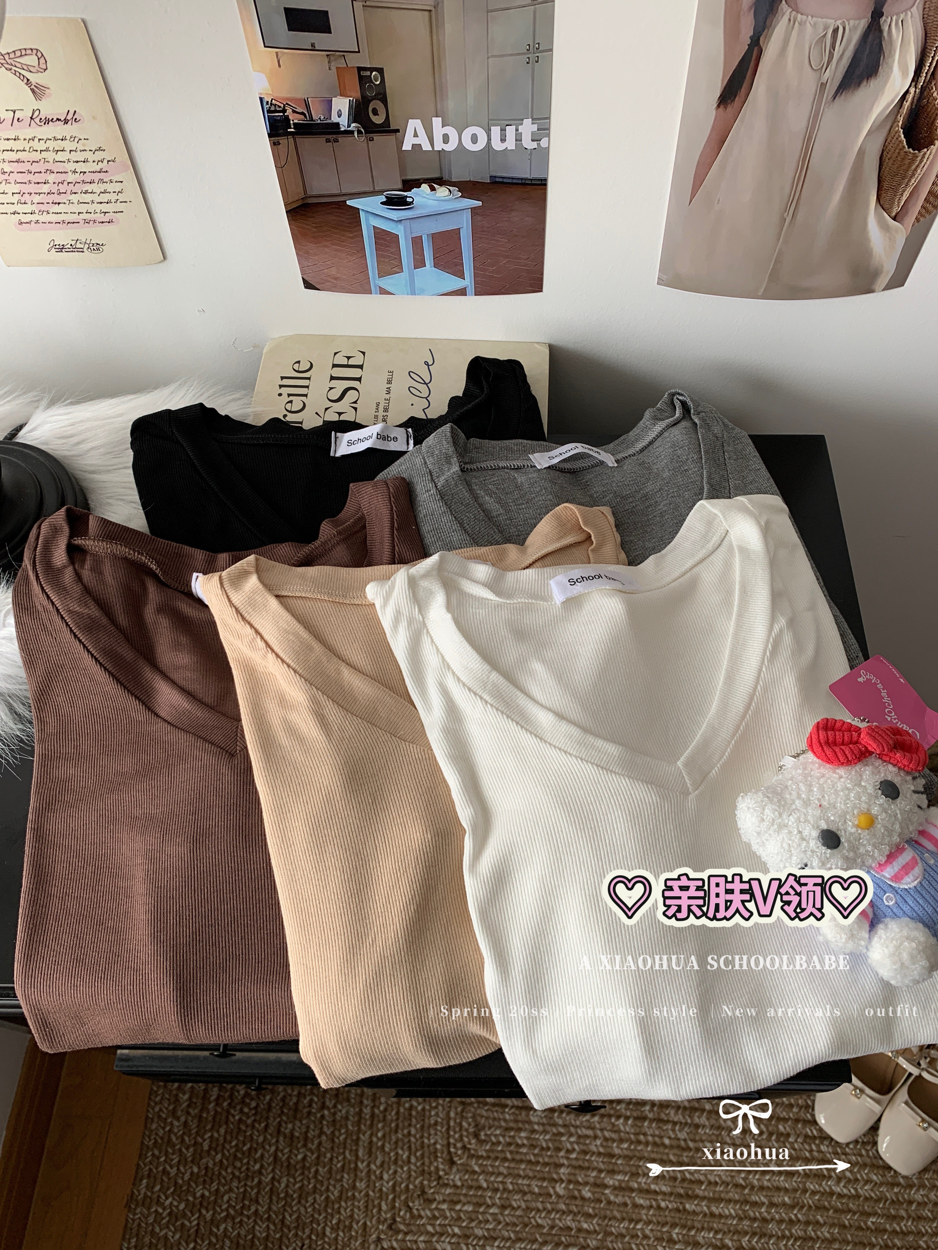Real shot of ice thread solid color V-neck versatile student pullover short-sleeved T-shirt women's base top
