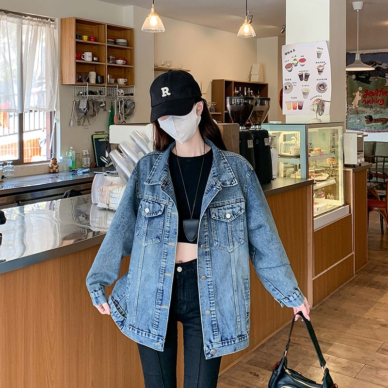 Real shot~ Denim long-sleeved jacket for women in spring new retro BF lapel fashion versatile exterior top trendy