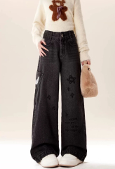 Niche cat embroidered old straight jeans for women in spring and autumn new wide-leg loose small pants