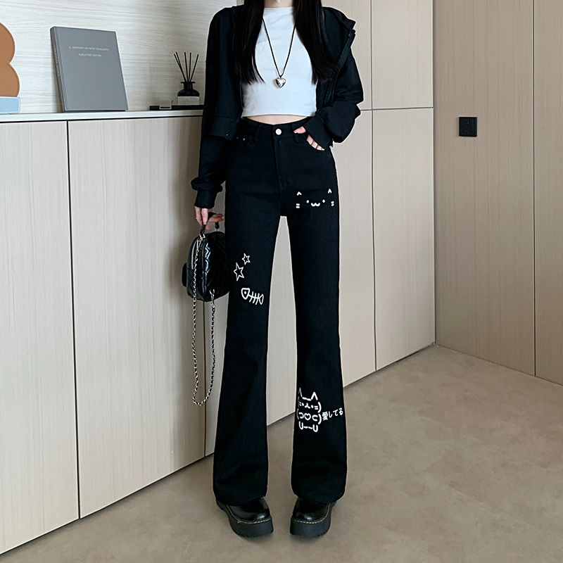Real shot~ Spring new versatile black printed jeans trousers bell-bottom pants slim pants women's casual pants