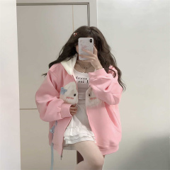 Imitation cotton-wool composite milk silk 310g cute cat ear hooded sweatshirt cardigan Japanese sweet cool jacket