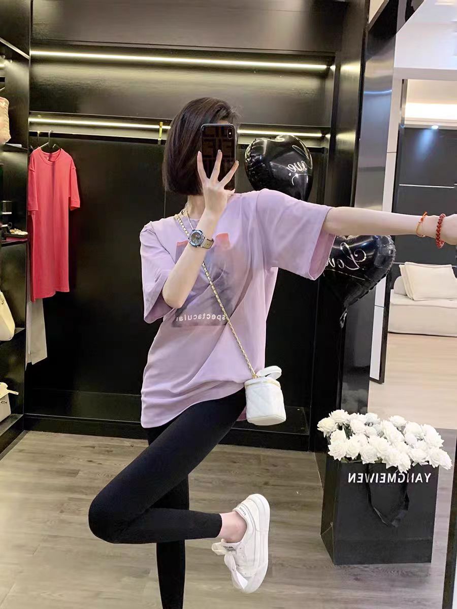 200g combed and tight spun in 2025, pure cotton back bag strip, spring and summer loose shoulder printed short-sleeved T-shirt