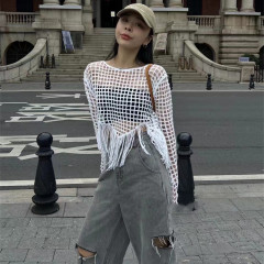 Hand-woven irregular long-sleeved tassel women's summer new loose knitted sweater hollow short blouse top