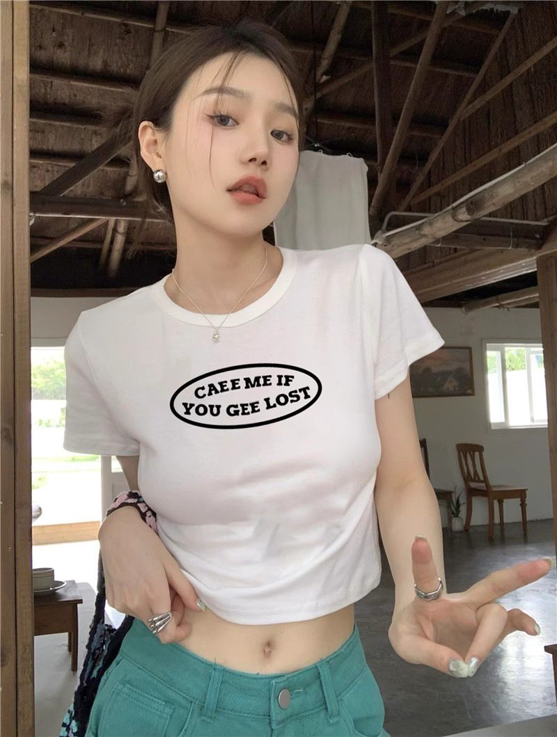 新款韓版美式復古短袖t恤女夏季露臍修身短款
