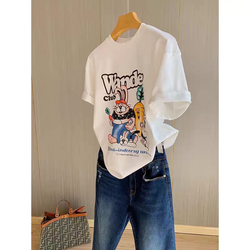 200g combed and tight spun in 2025, pure cotton back bag strip, spring and summer loose shoulder printed short-sleeved T-shirt