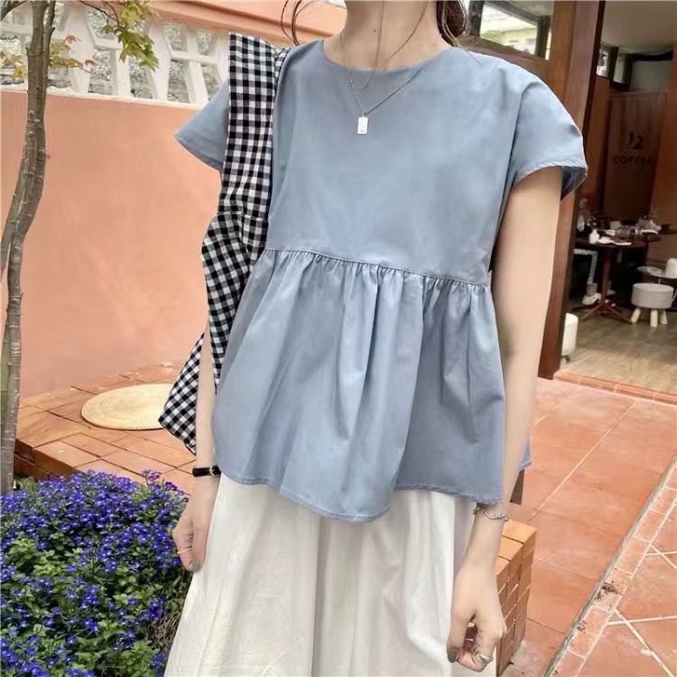 Back bow shirt for women, summer short-sleeved thin yellow round neck top, age-reducing summer back strap, sweet and cute