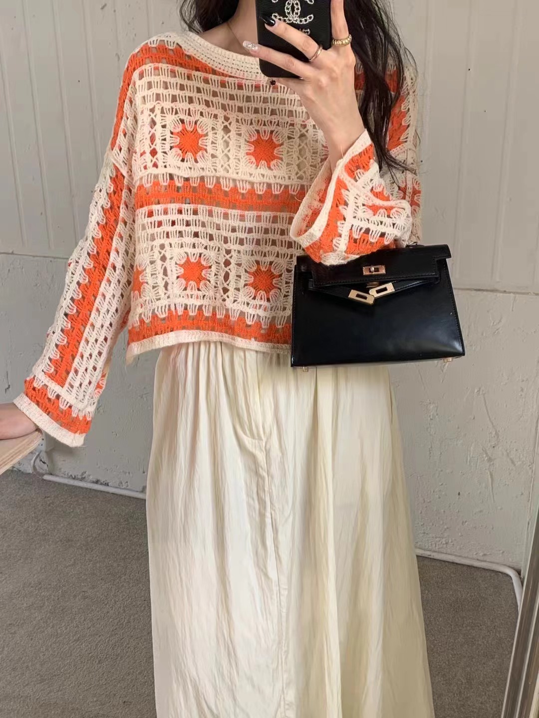 Design sense crochet hollow sweater spring clothes for women new design sense contrast layered shirt top